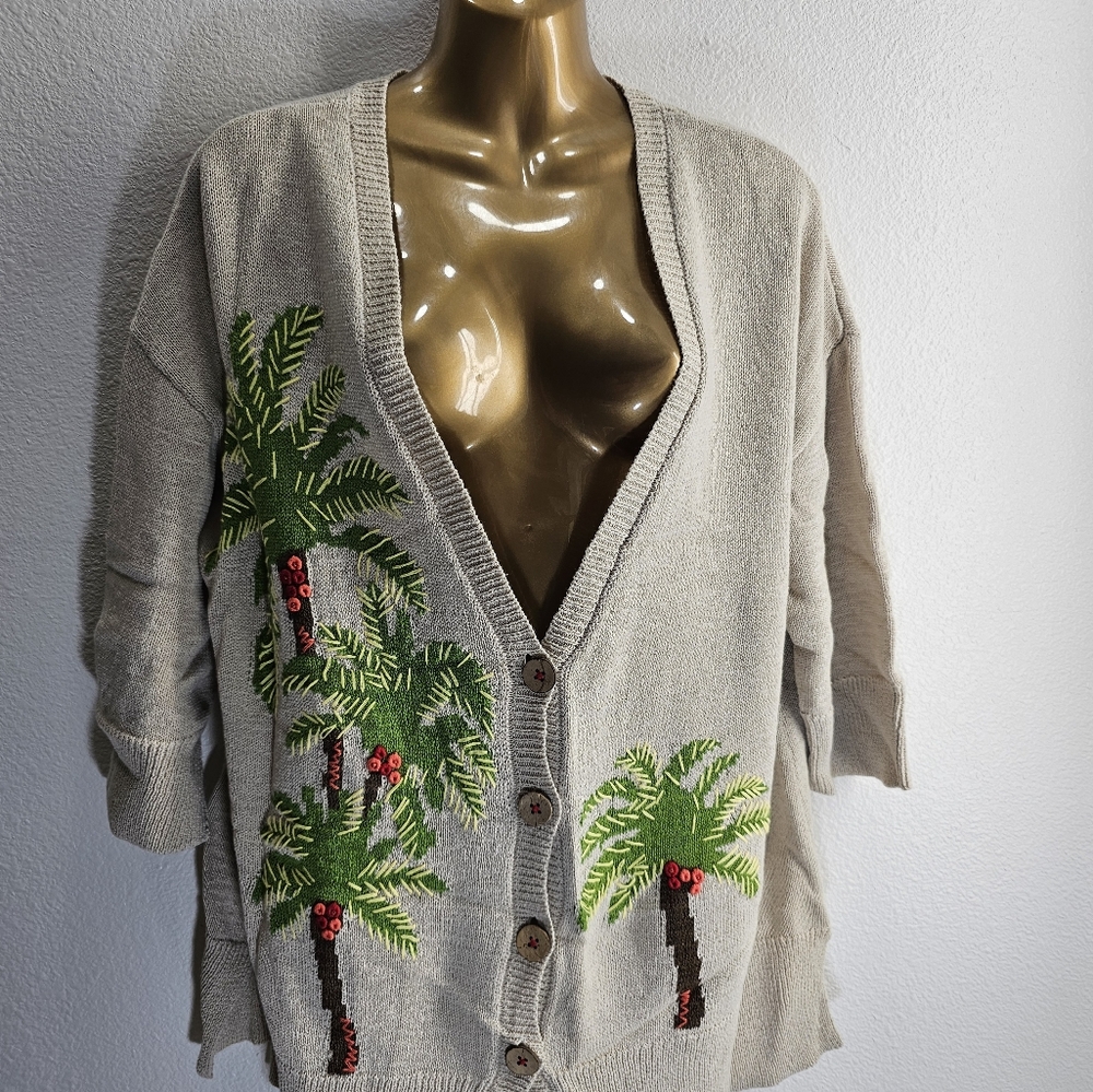 J Jill Linen Embroidered V Neck Palm Tree Cardigan size L